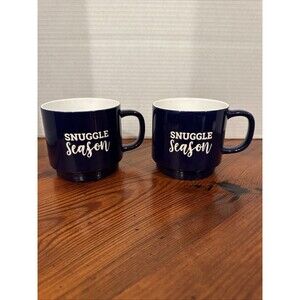 2 Snuggle Season Dark Blue W/White Interior Coffee Mug Tea Cup Stackable 12 Oz